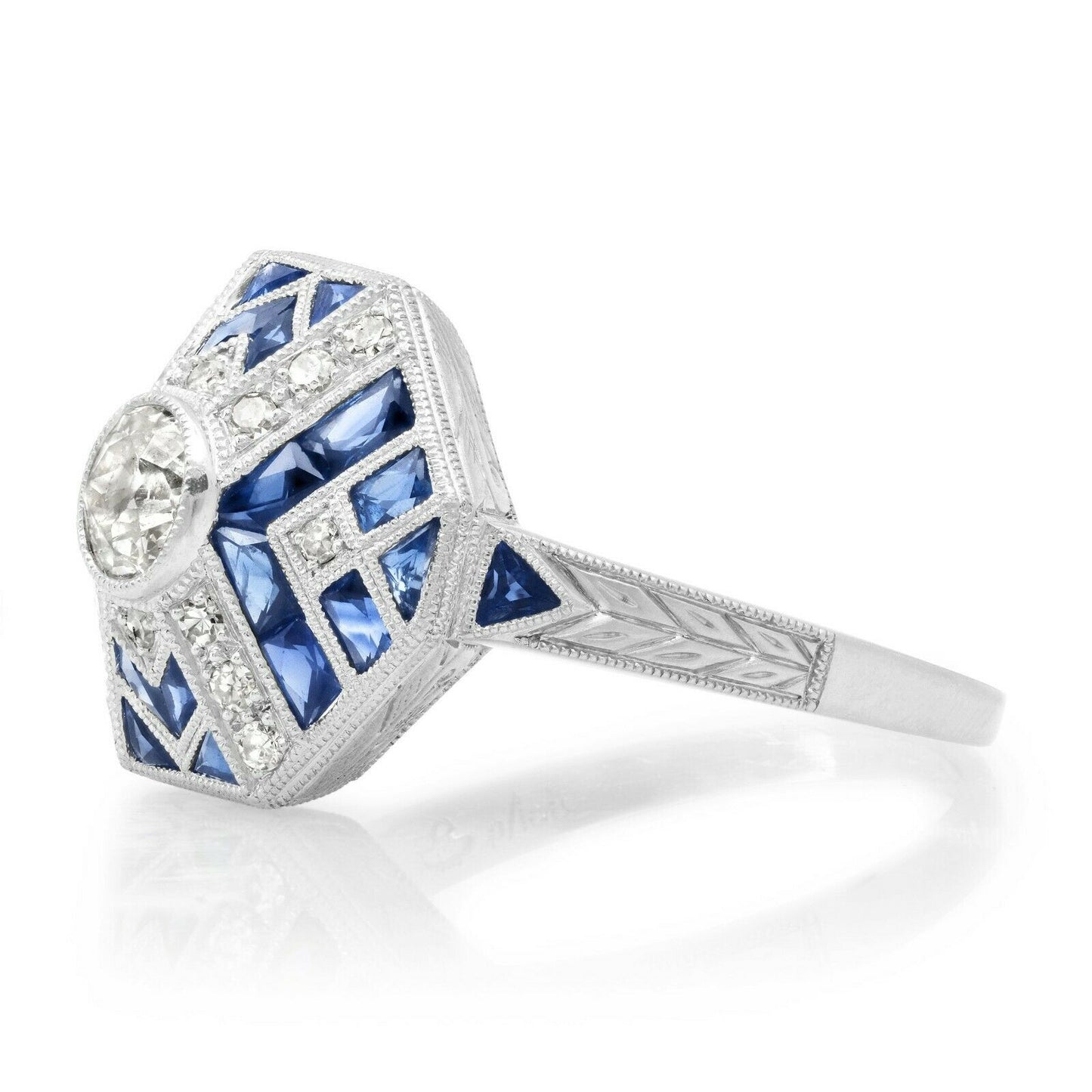 Art Deco Diamond Sapphire Platinum Ring Handmade French Cut Certified Natural
