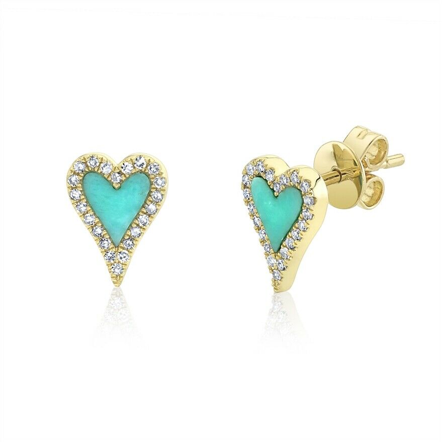 14K Gold 0.49 TCW Turquoise Diamond Heart Stud Earrings Love Natural