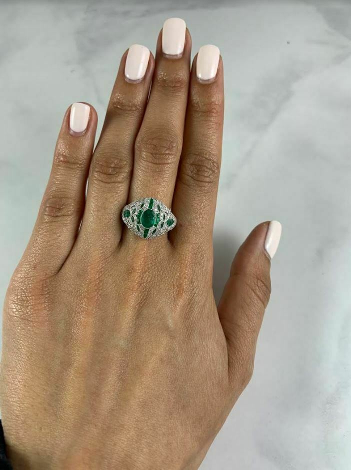 Art Deco Oval Cut Columbian Emerald And Diamond Platinum Ring Vintage