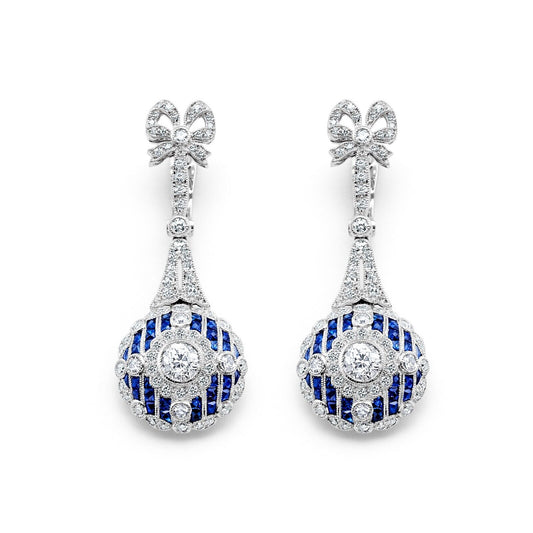 Art Deco Diamond Blue Sapphire Platinum Earrings Old Mine European Cut