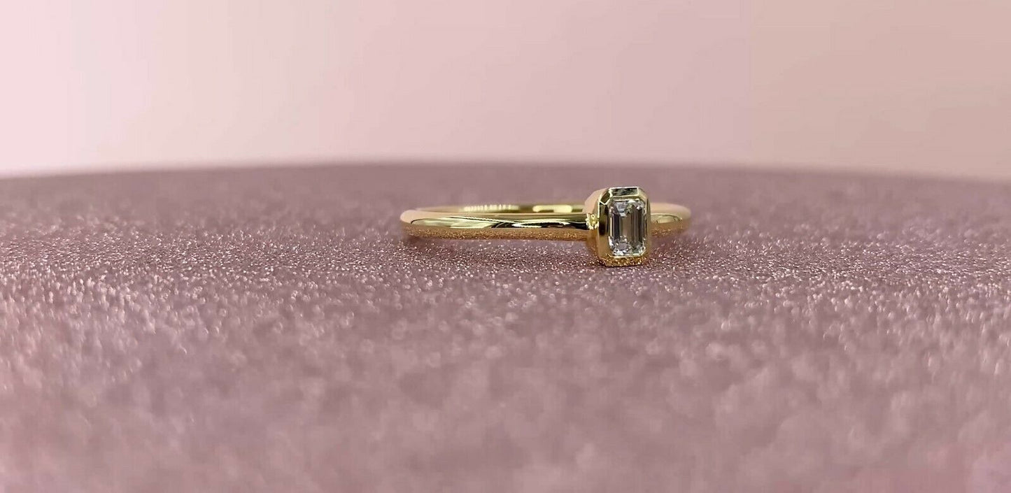 14K Gold 0.21 CT Emerald Cut Diamond Solitaire Ring Bezel Set Natural Statement