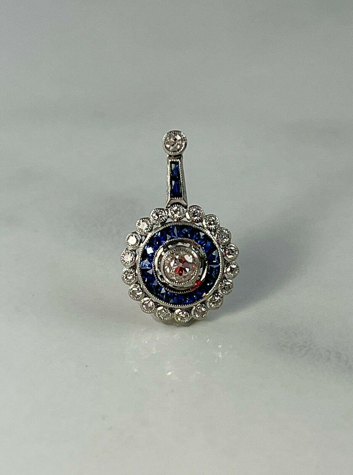French Cut Sapphire Diamond Platinum Pendant Necklace Art Deco Chain Included