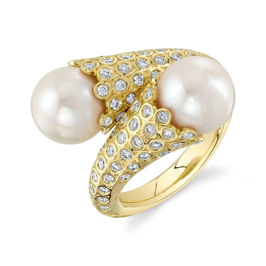 14K Gold Pearl Diamond Bypass Ring