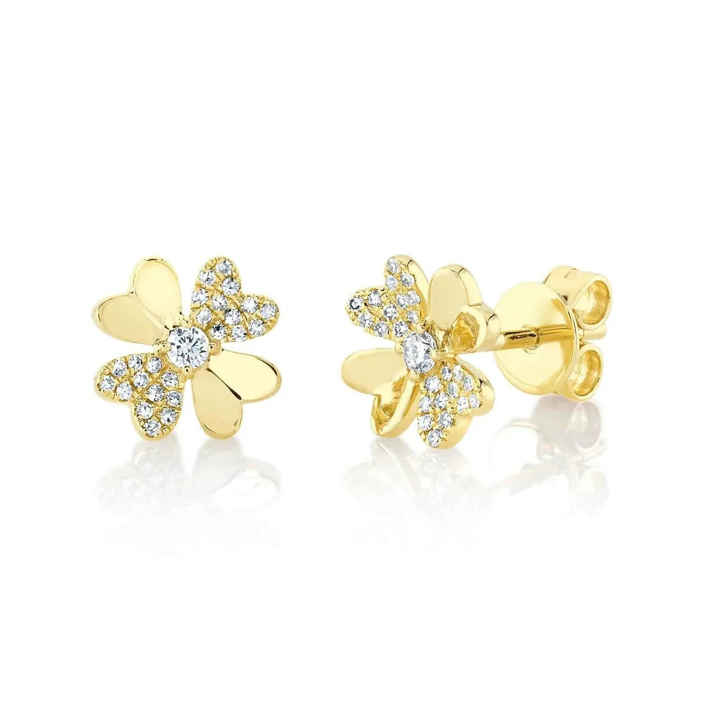 14K Gold 0.14 CT Diamond Clover Stud Earrings Round Cut Natural Pushback