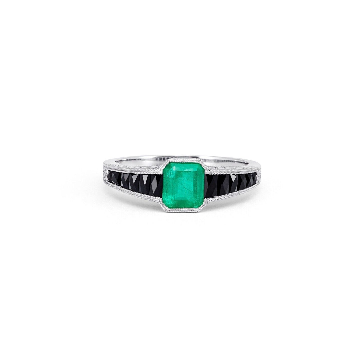 Art Deco Emerald Black Onyx Platinum Engagement Ring Handmade