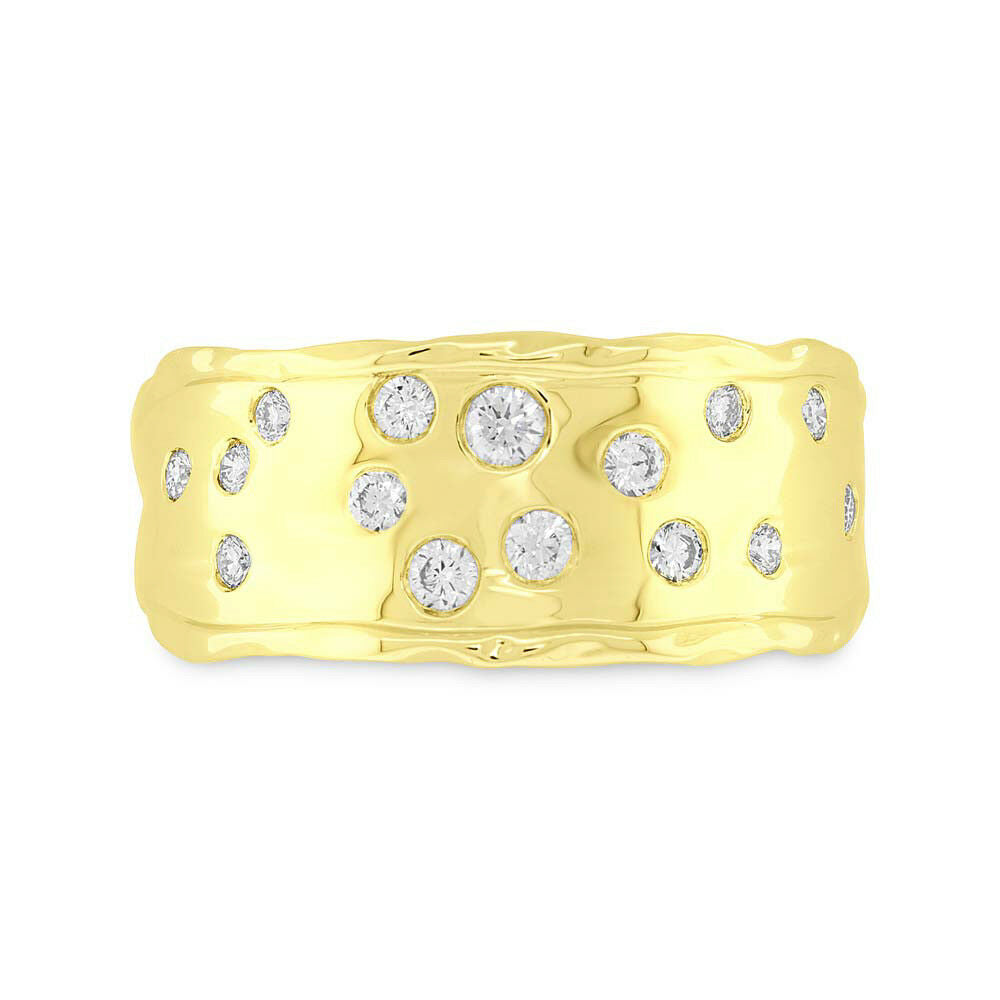 14K Gold 0.30 CT Scattered Floating Diamond Ring Unique Wavy Hammered Round Bezel