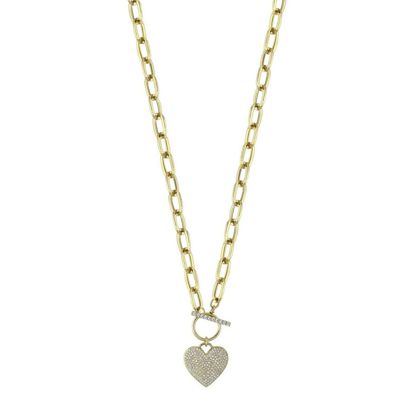 14K Gold 0.50CT Diamond Paper Clip Link Heart Necklace Round Cut Pave set