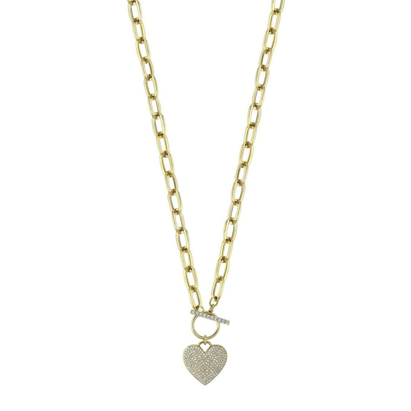 14K Gold 0.50CT Diamond Paper Clip Link Heart Necklace Round Cut Pave set