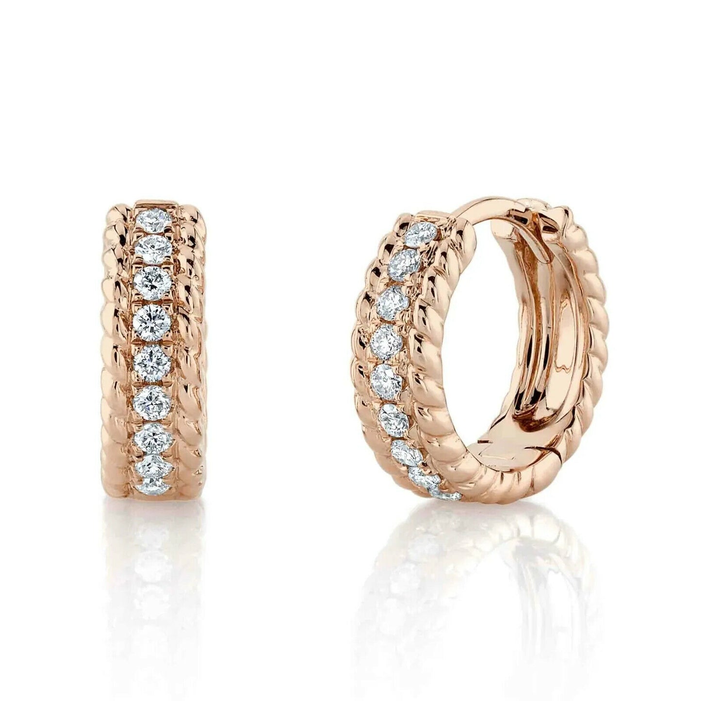 14K Gold 0.18 CT Diamond Braid Huggies Earrings Hoop Round Cut Natural