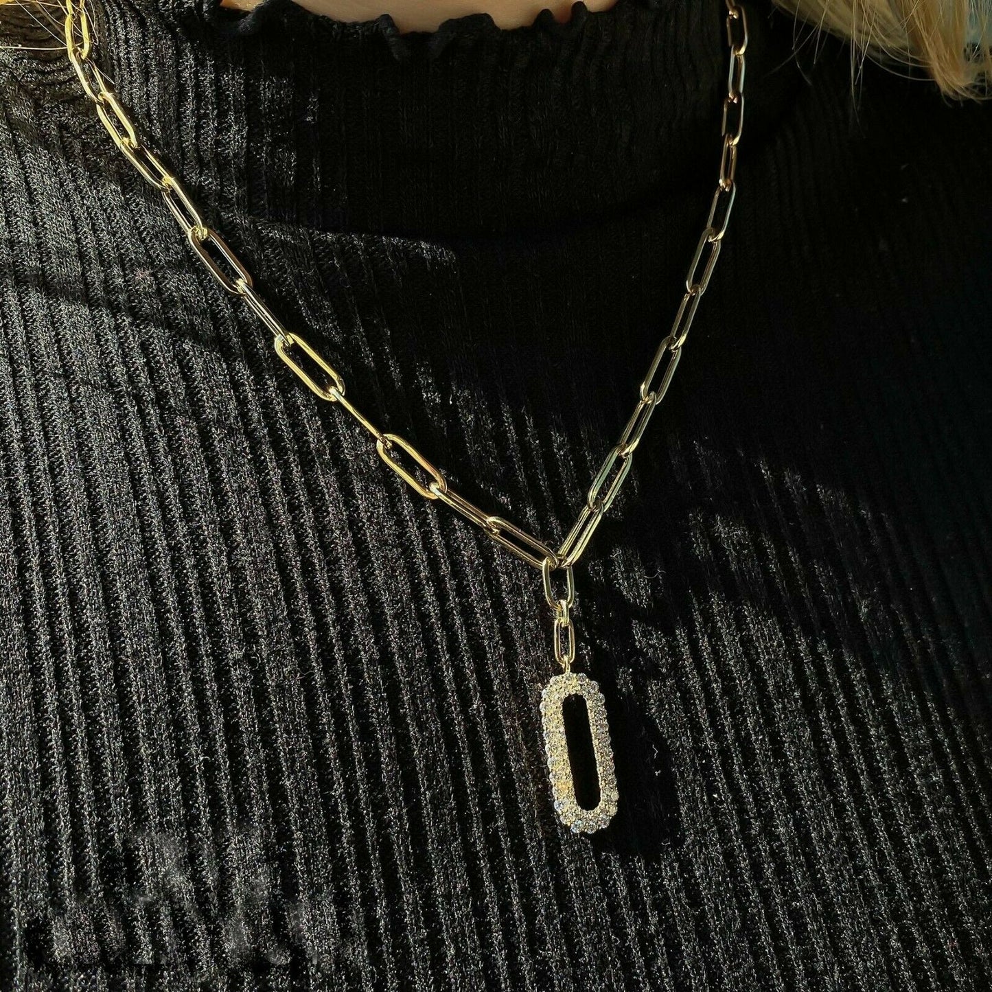 14K Gold 0.92 CT Diamond Paper Clip Link Drop Bar Pendant Necklace