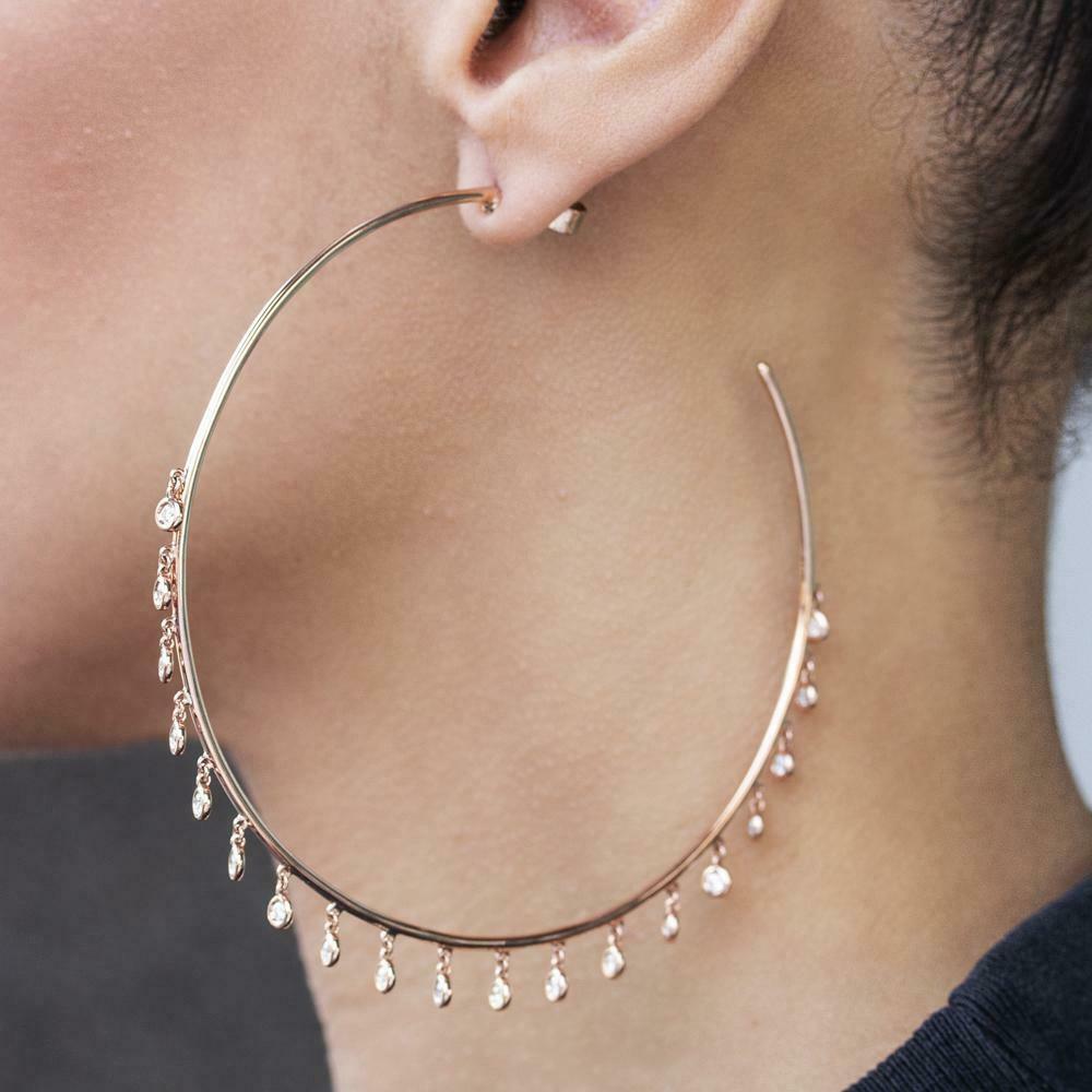14K Gold 1.51CT Diamond Shaker Hoop Earrings Dangle Bezel Round Cut Natural