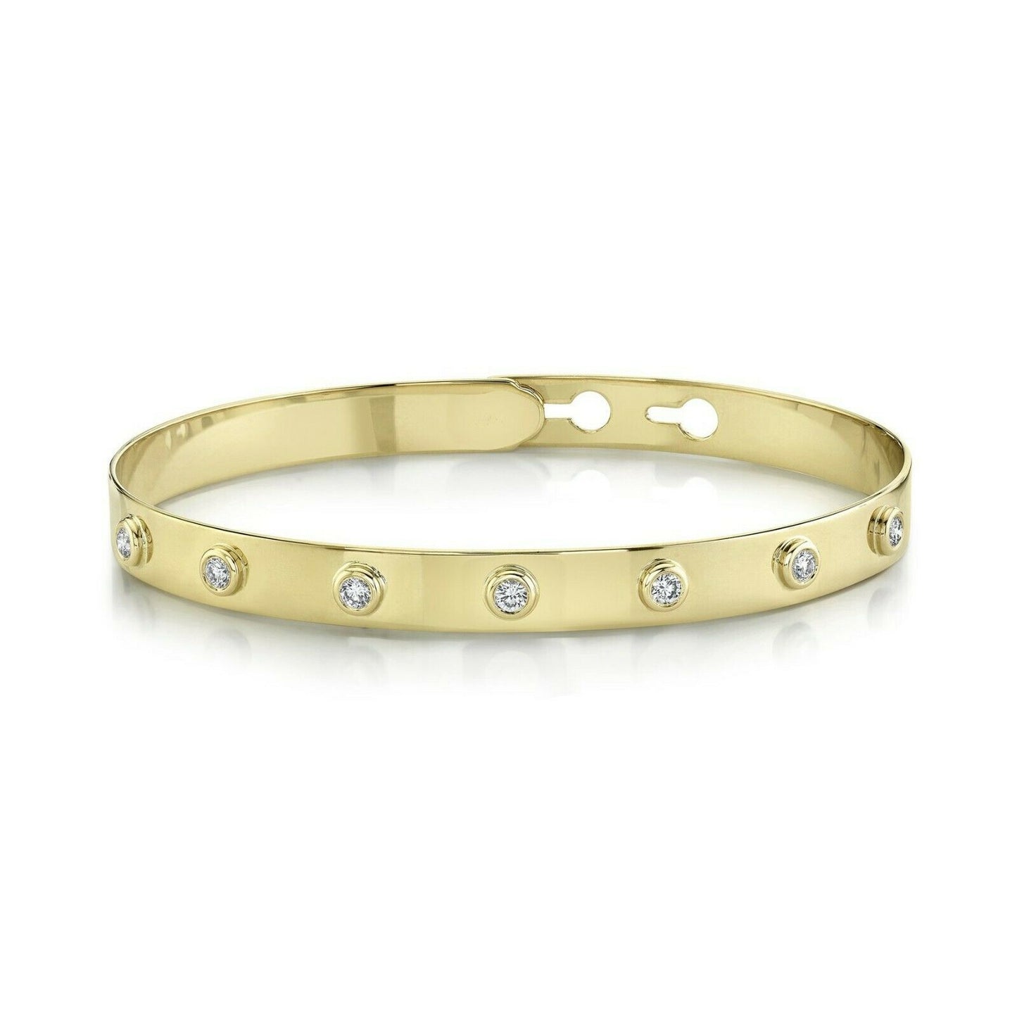 14K Gold 0.32 CT Diamond Latch Bangle Bracelet Adjustable Round Bezel Set Lock
