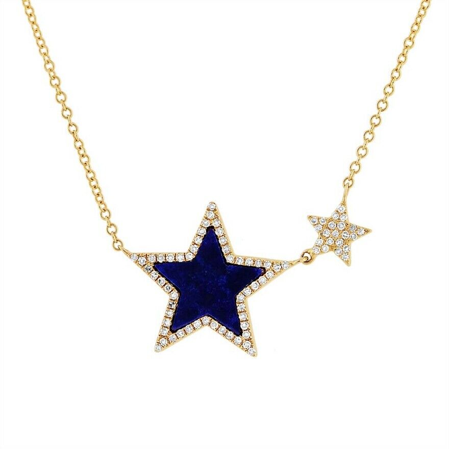 14K Gold 0.88 CT Lapis Lazuli Diamond Star Pendant Necklace Women's Natural