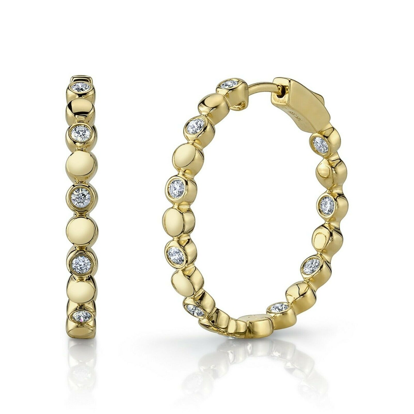 14K Gold 0.50 CT Bezel Set Diamond Hoop Earrings Inside Outside Round Cut