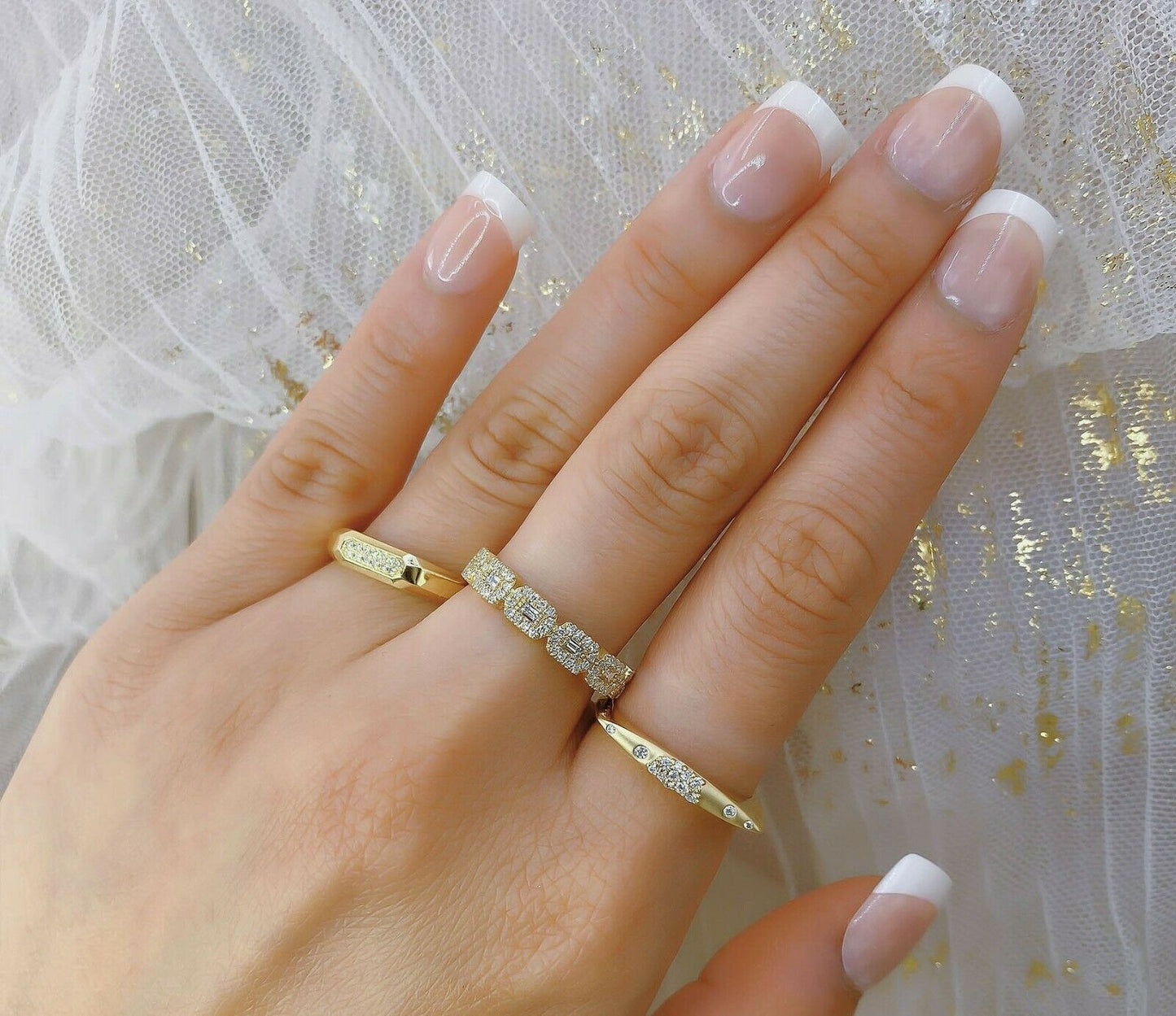 14K Gold 0.04 CT Diamond Women's Band Statement Ring Rectangular Flat Top