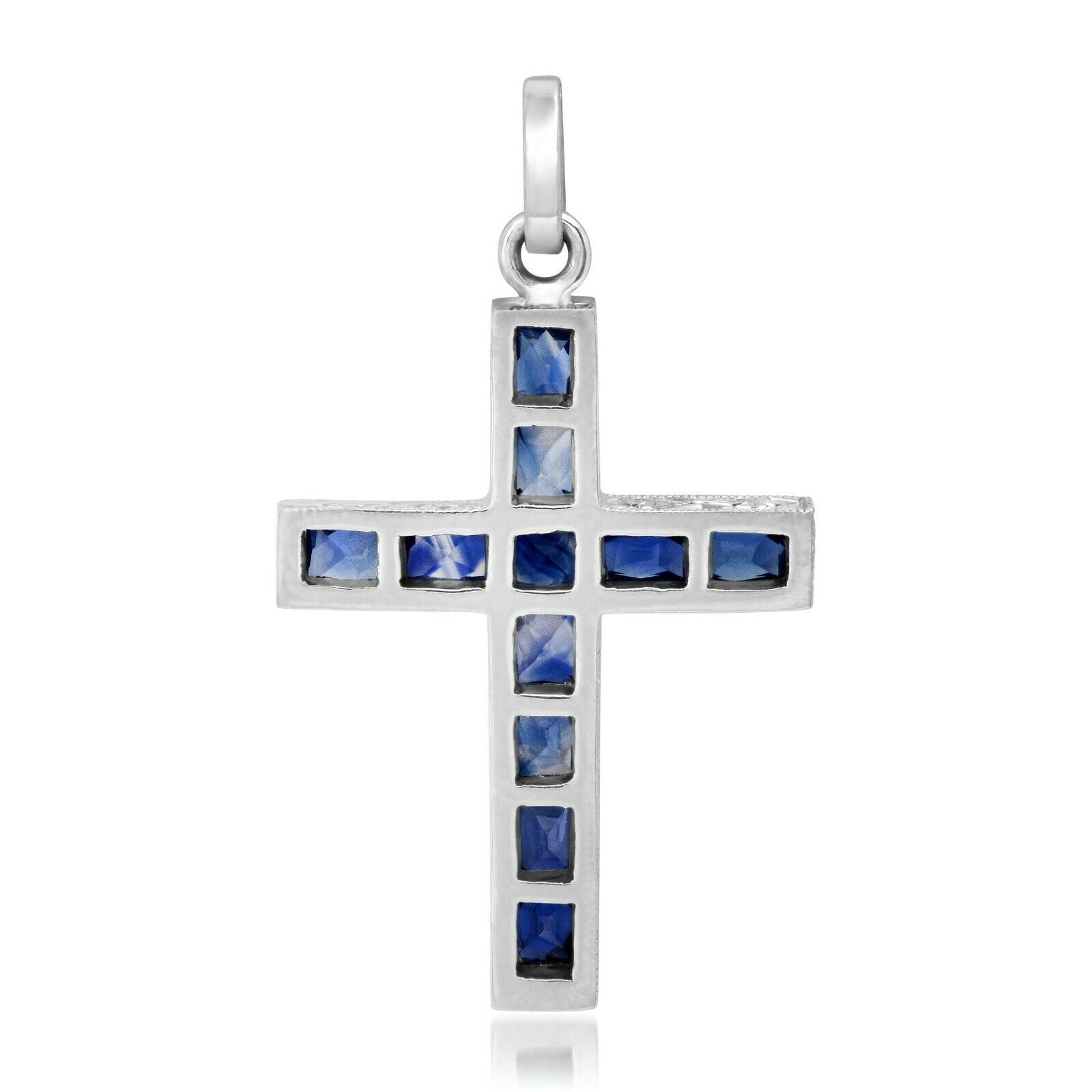 Art Deco Blue Sapphire Cross Platinum Pendant Necklace Handmade Engraved
