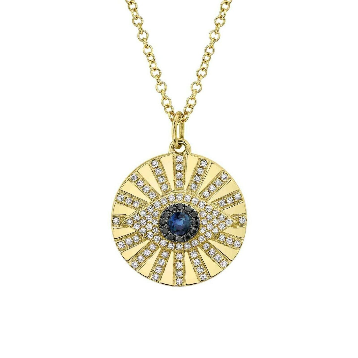 14K Yellow Gold Eye Necklace Black White Diamond Blue Sapphire Circle Disc Evil