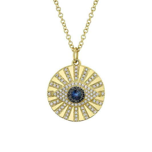 14K Yellow Gold Eye Necklace Black White Diamond Blue Sapphire Circle Disc Evil