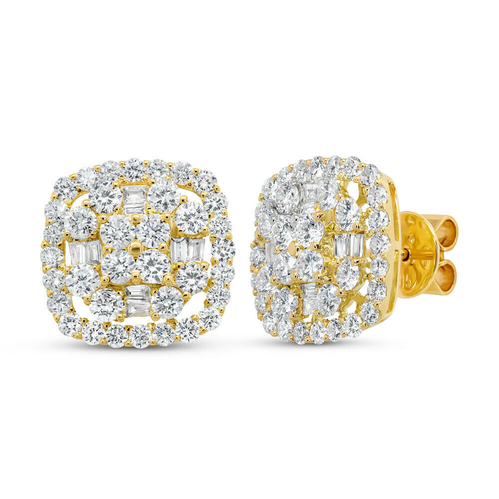 18K Gold 1.94 CT Round Baguette Diamond Square Cushion Stud Earrings