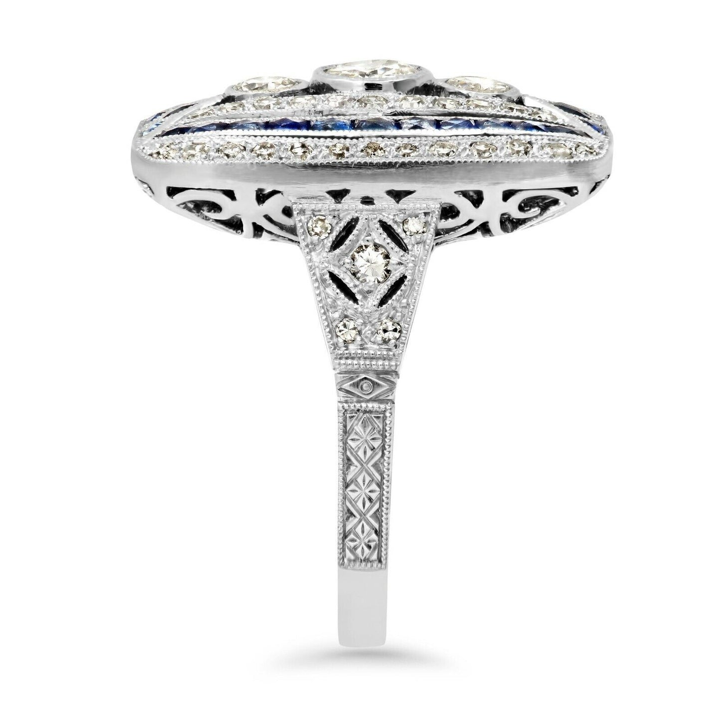Art Deco Diamond Blue Sapphire Platinum Ring Handmade Natural