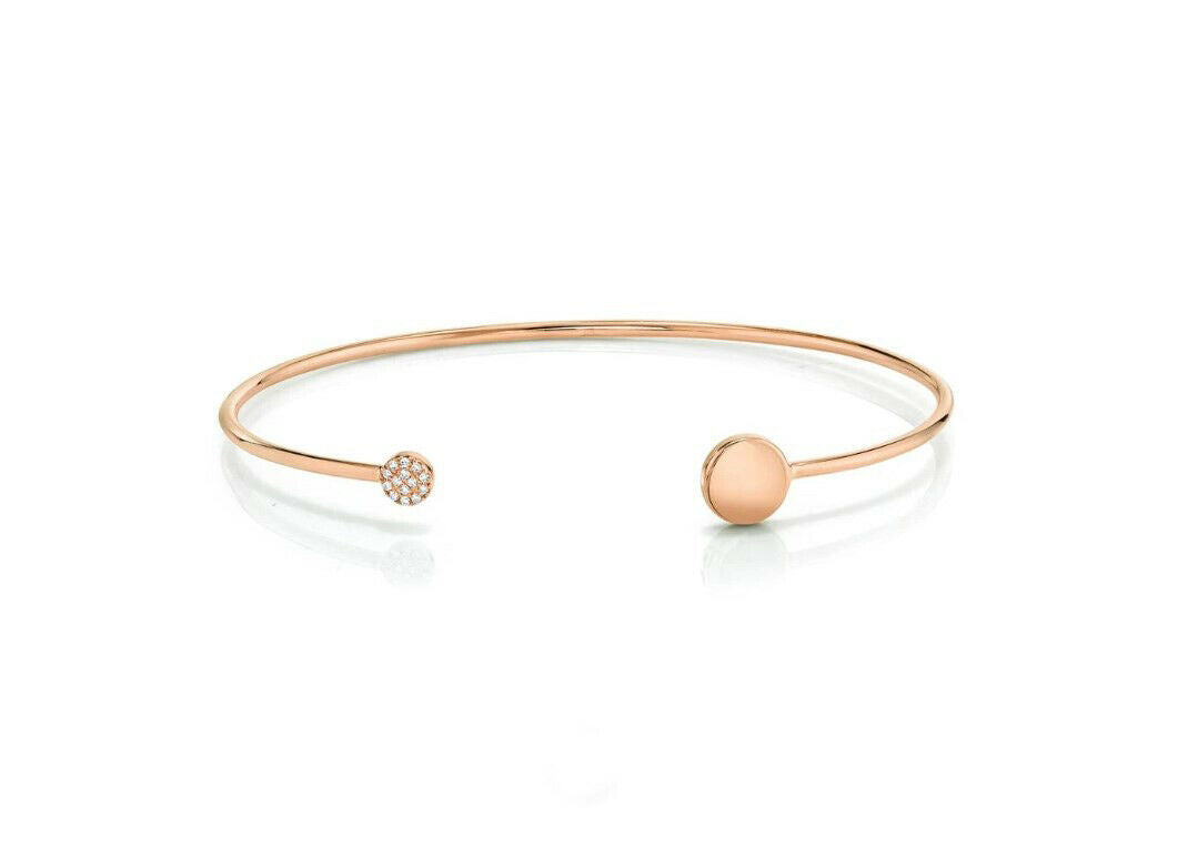 14K Gold 0.04 CT Diamond Open Bangle Bracelet Minimalist Circle Disc Dainty Natural