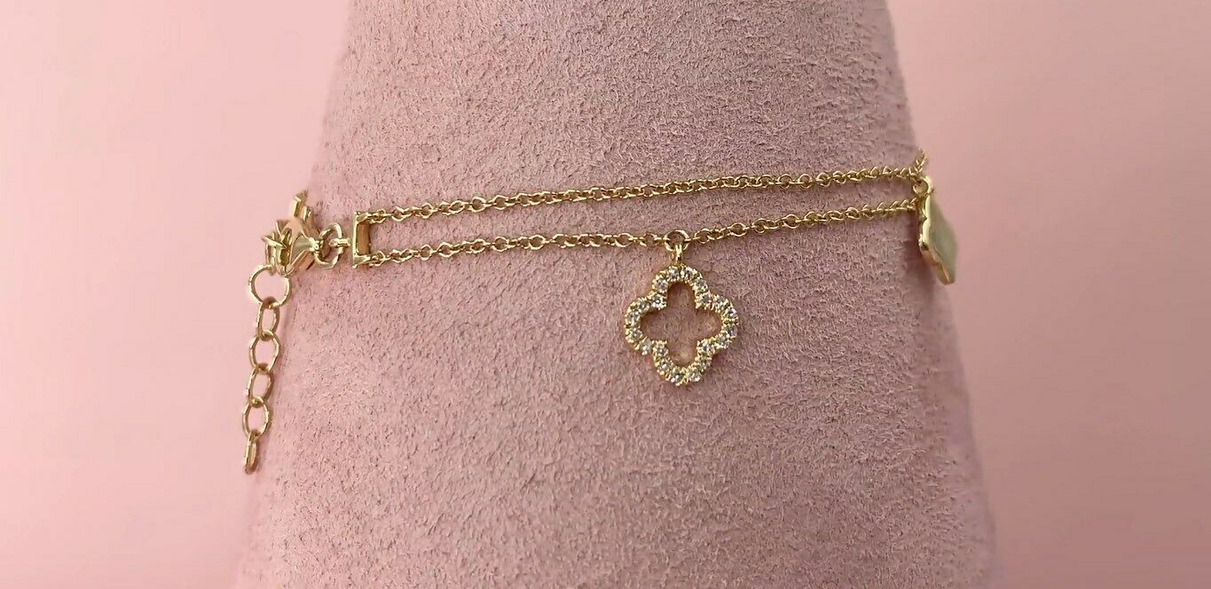 14K Gold 0.19 CT Diamond Clover Charm Bracelet Round Cut Natural Womens