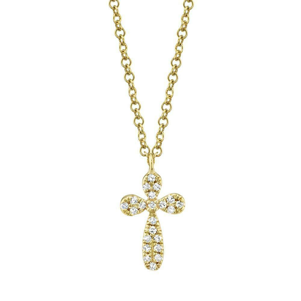 Small Diamond Cross Pendant Necklace 14K Yellow Gold Pave 0.05CT Round Cut
