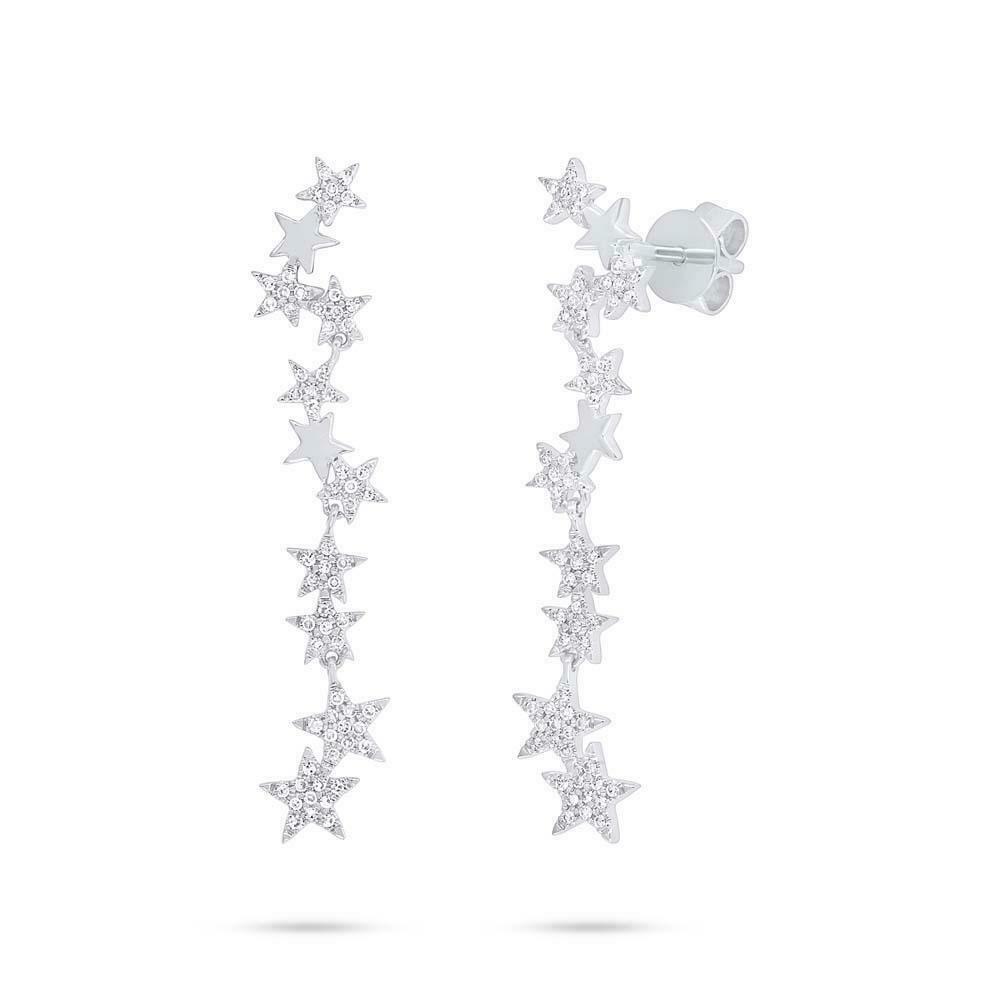 14K Gold 0.23 CT Diamond Celestial Dangling Star Drop Earrings Round Cut