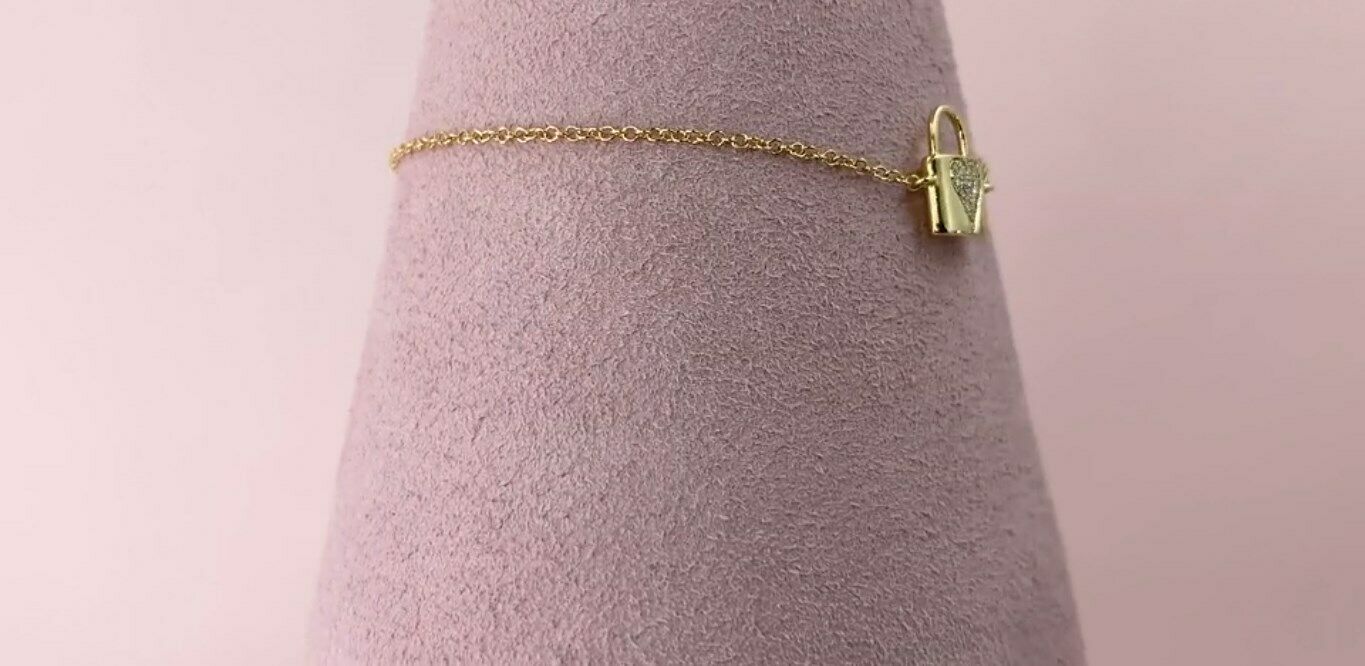 14K Gold 0.03 CT Love Diamond Lock Heart Bracelet Charm Natural Round Cut