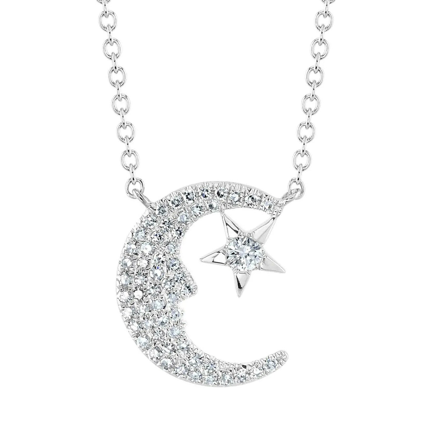 Moon And Star Diamond Necklace 14K White Gold Round Cut 0.16 CT Natural Pendant