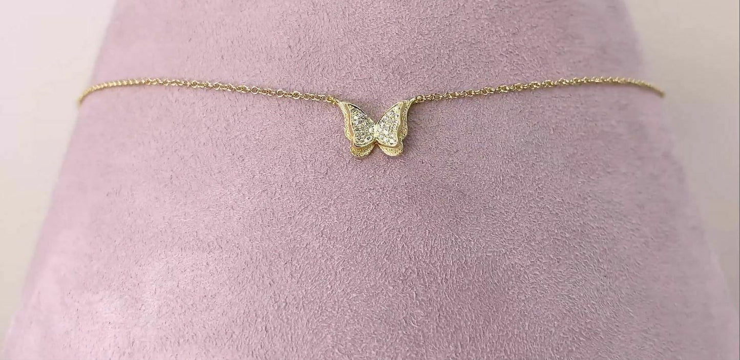 14K Gold 0.06CT Diamond Butterfly Necklace Round Natural Women's Pendant