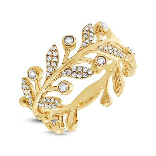 14K Gold 0.24 TCW Diamond Leaf Ring Statement Band Natural Round Cut Bezel