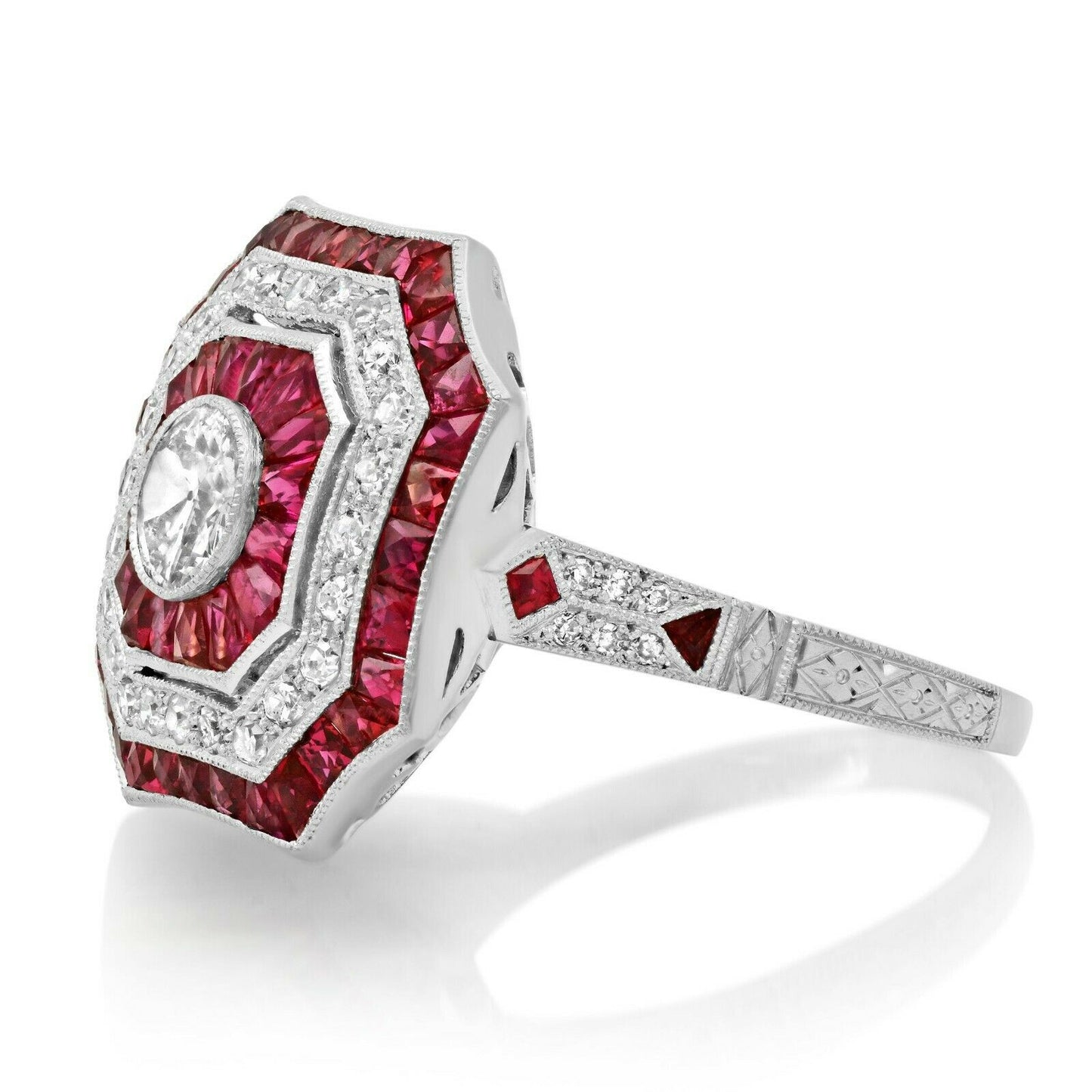 Art Deco Diamond Ruby Platinum Ring Handmade French Cut Cocktail Natural