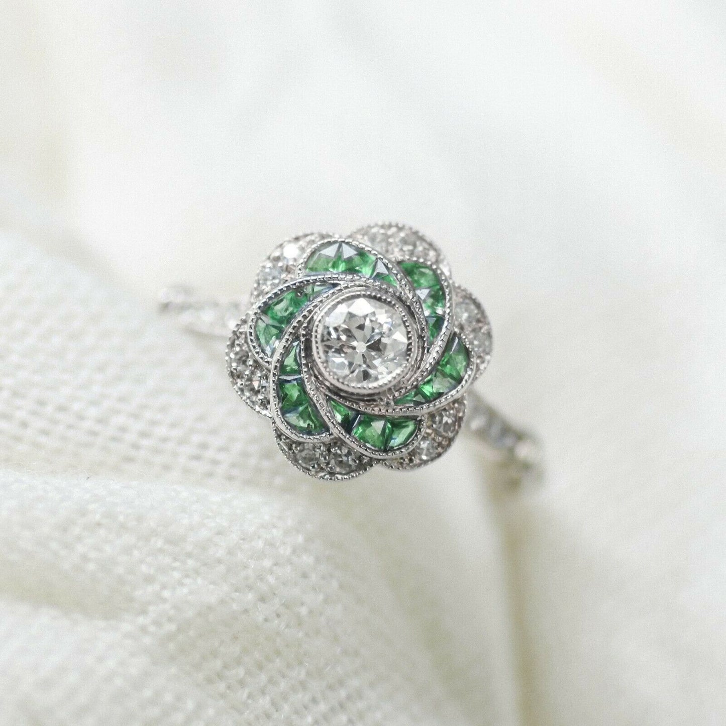 Antique Inspired Diamond Emerald Flower Platinum Ring Handmade