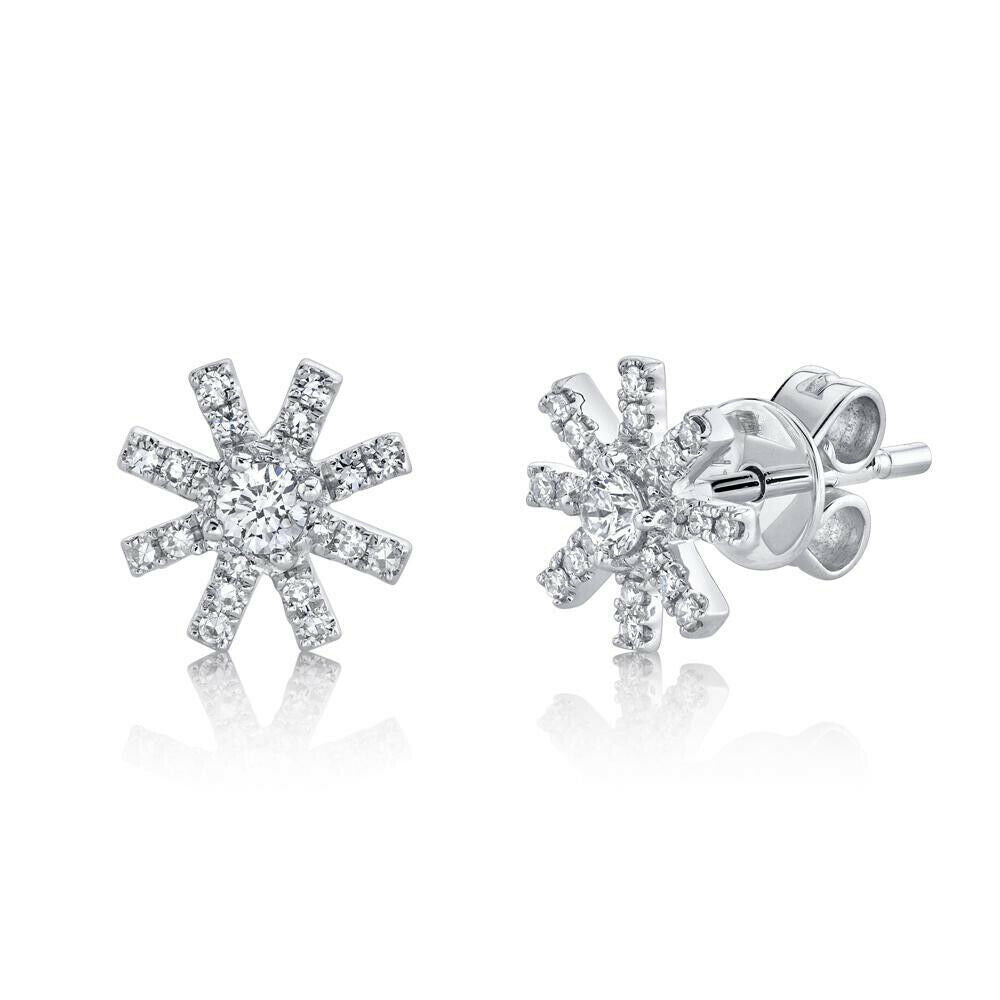 14K Gold 0.26CT Diamond Snowflake Stud Earrings Round Cut Natural Pushback