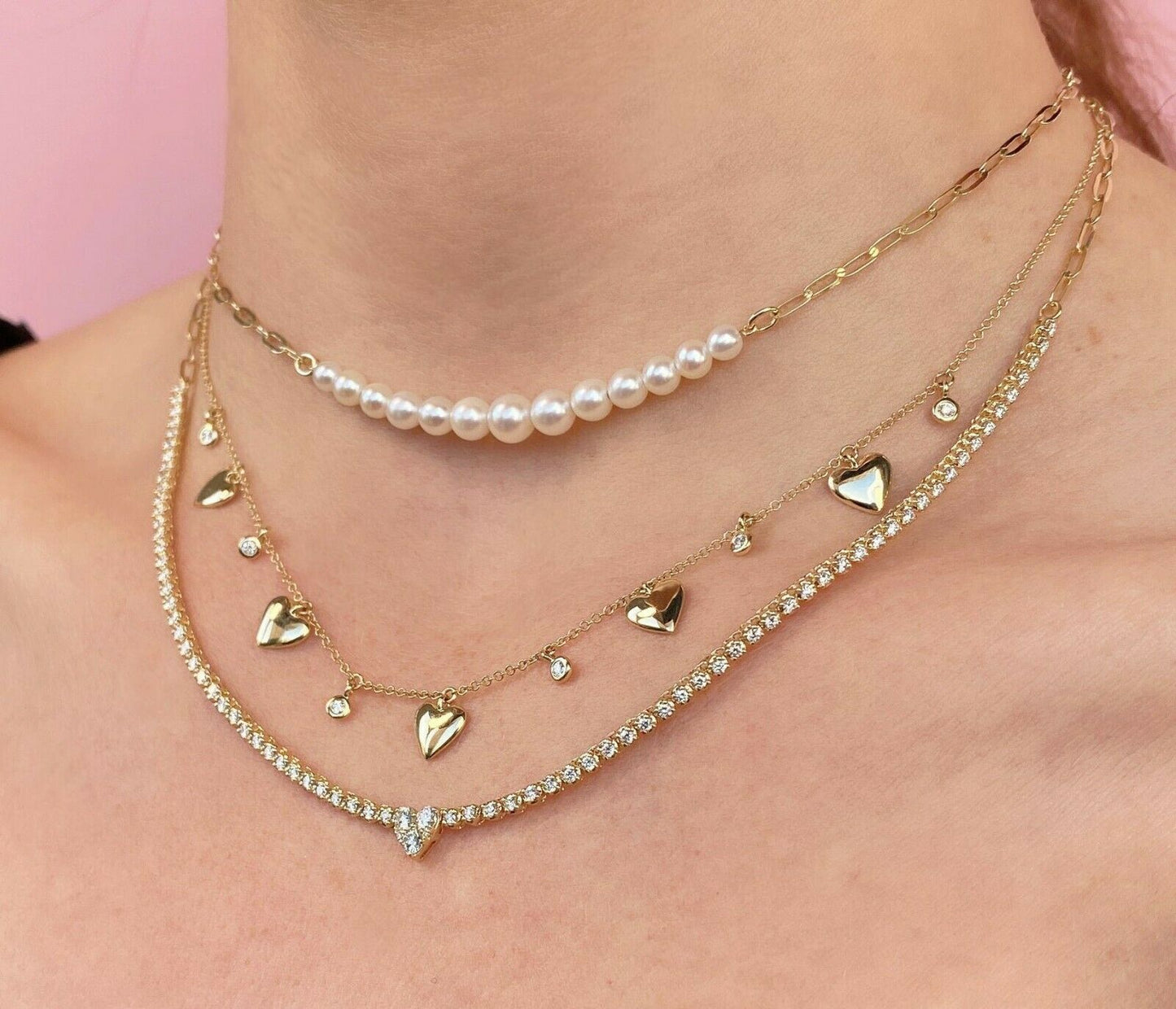 14K Gold 1.30 CT  Diamond Heart Paper Clip Necklace Crown Setting Round Cut
