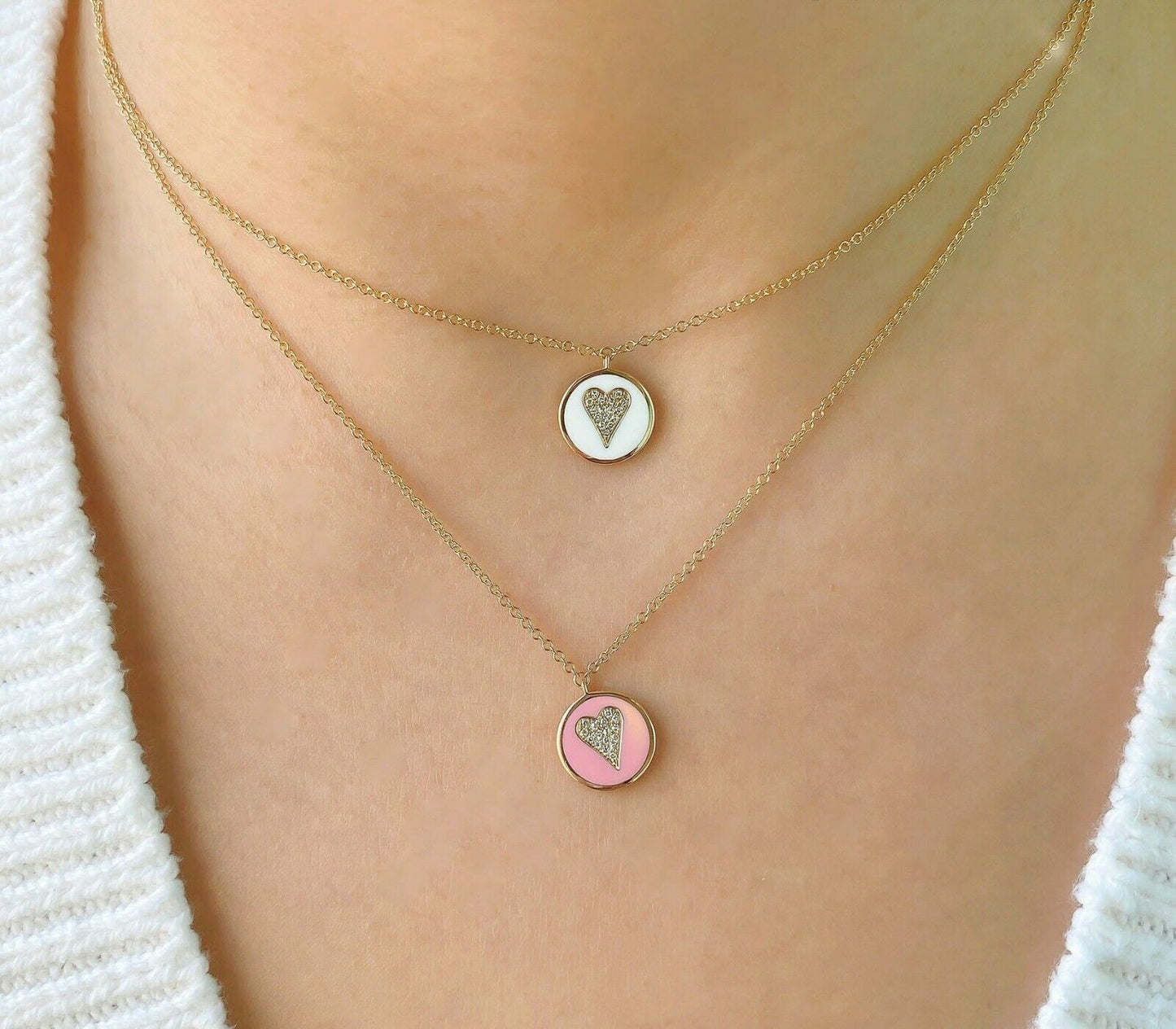 14K Gold 0.04 CT Pink Enamel Diamond Heart Pendant Necklace Circle Disc