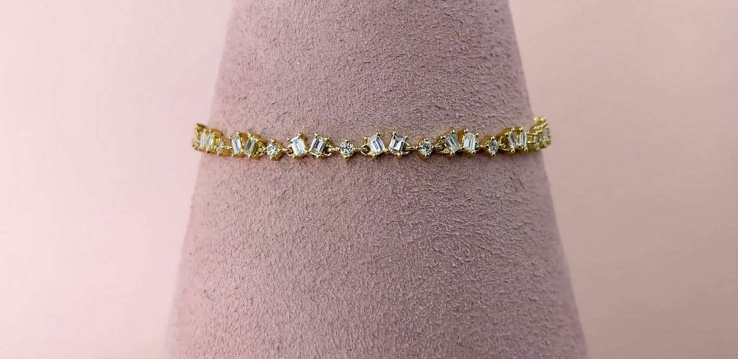 14K Gold 1.16 CT  Baguette Cut Diamond Bracelet Jagged Womens Adjustable