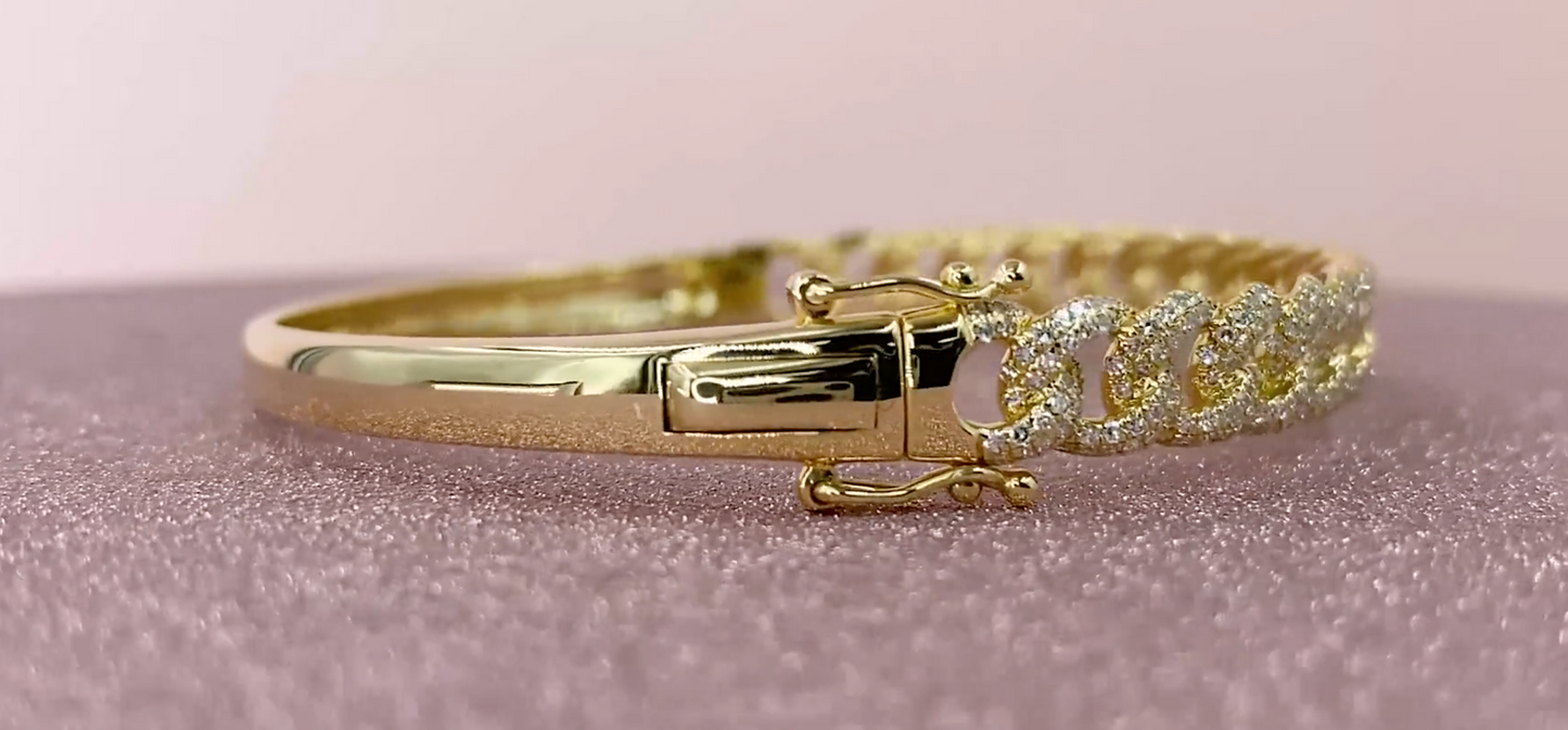 14K Gold 1.26 CT Diamond Chain Link Bangle Natural Round Pave Bracelet