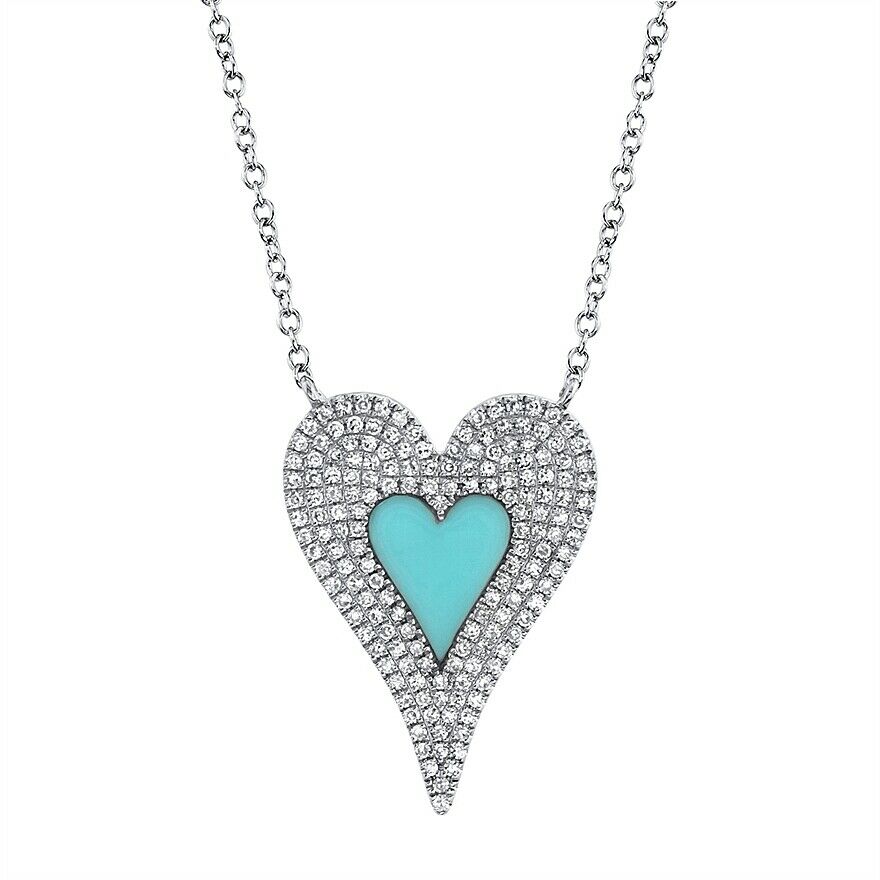 14K Gold 0.46 CT Turquoise Diamond Heart Pendant Necklace Round Pave Women's