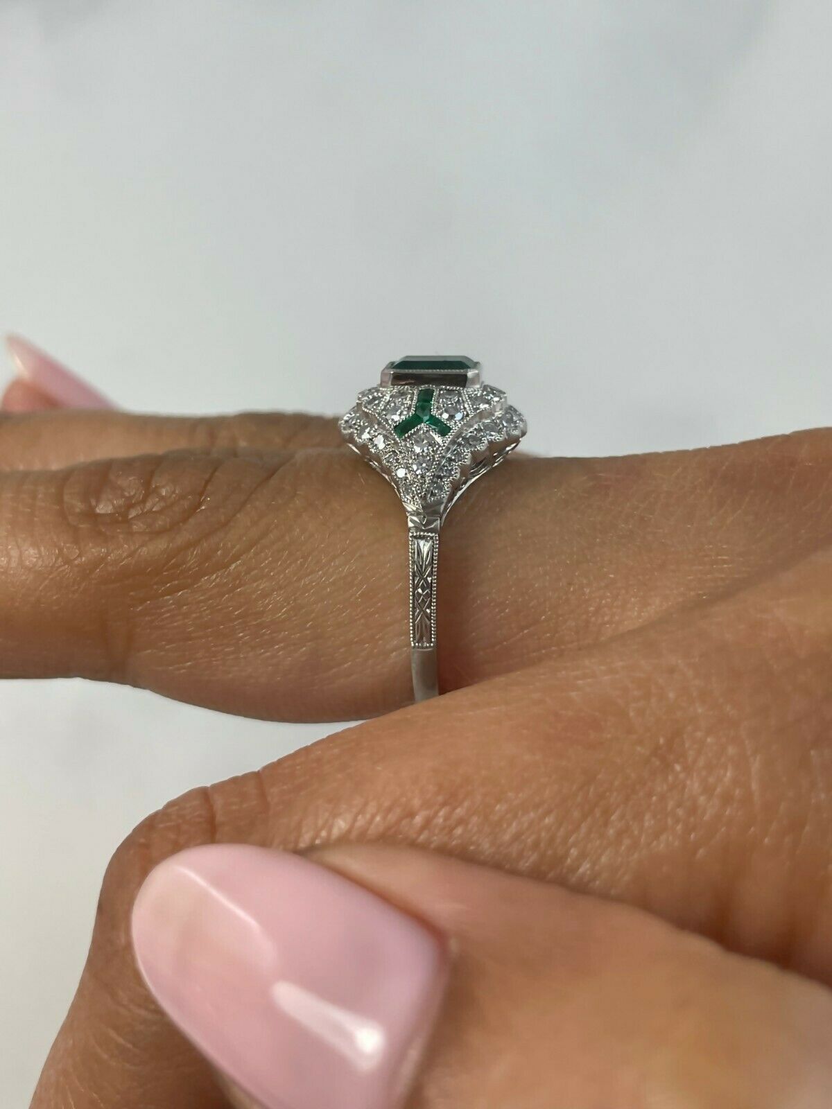 Diamond And Emerald Platinum Engagement Ring Art Deco Handmade Natural