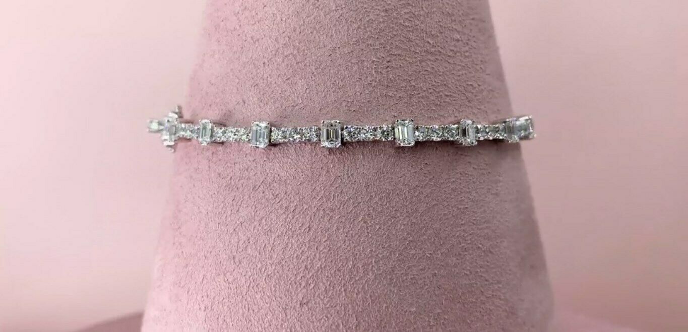 14K Gold 5.04 CT Emerald Cut Diamond Tennis Bracelet Round Certified Natural
