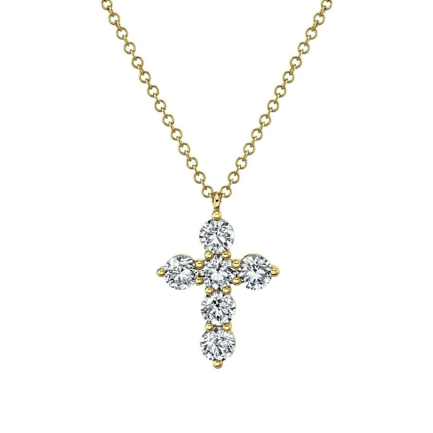 14K Gold 1.10 CT Diamond Cross Necklace Round Brilliant F VS2