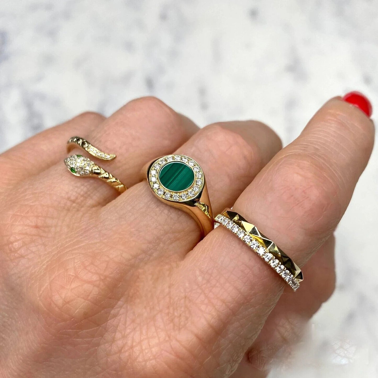 14K Gold Diamond Emerald Snake Ring