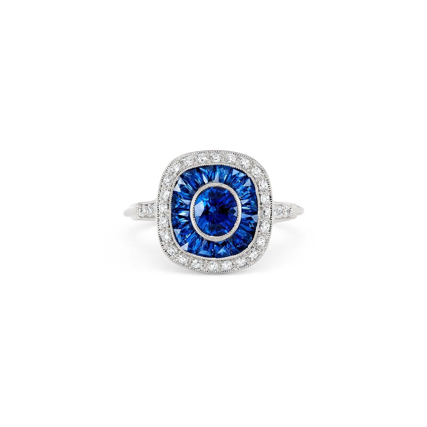 Art Deco Oval Blue Sapphire Diamond Platinum Ring French Cut Baguette Natural
