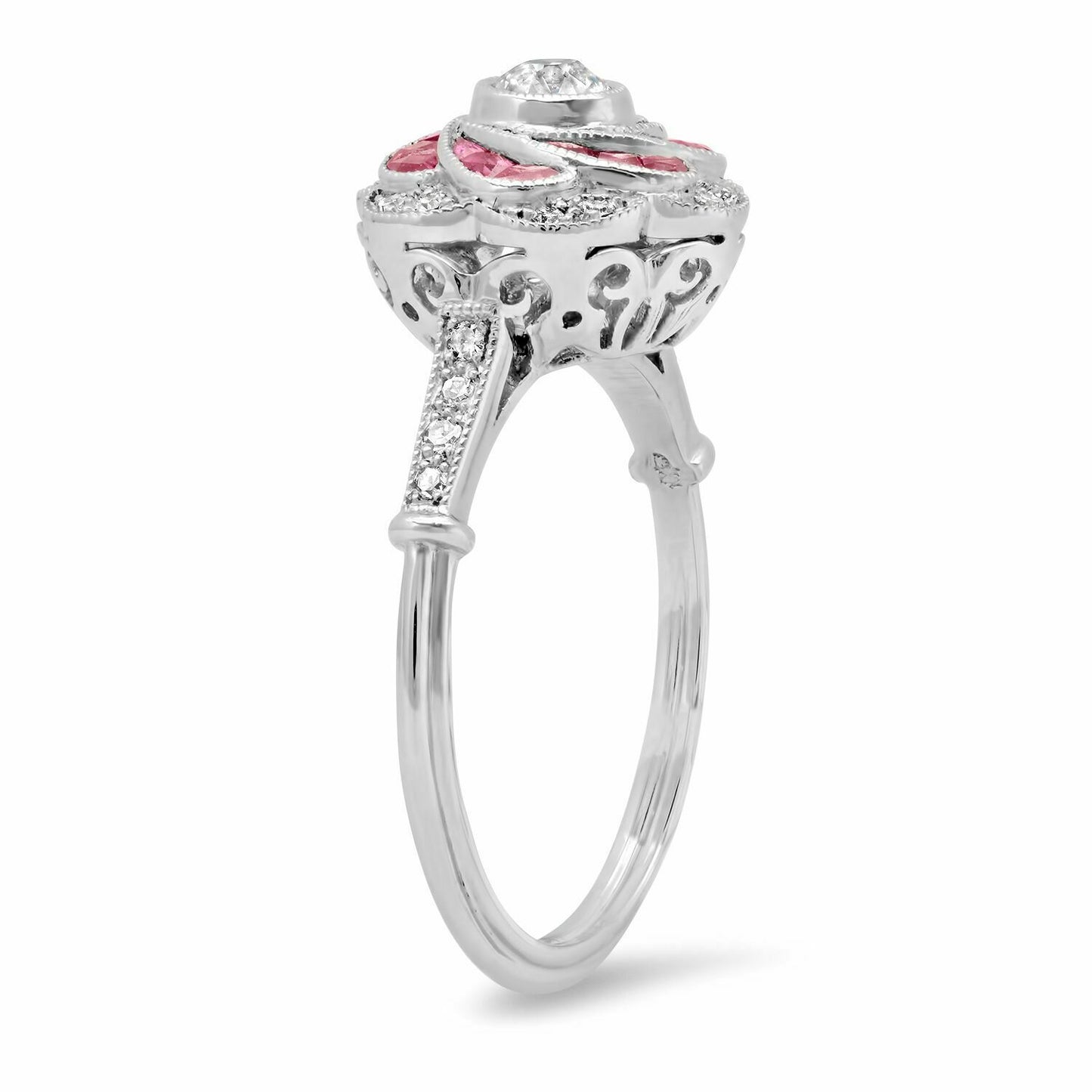 Art Deco Ruby Diamond Platinum Flower Ring Natural Handmade