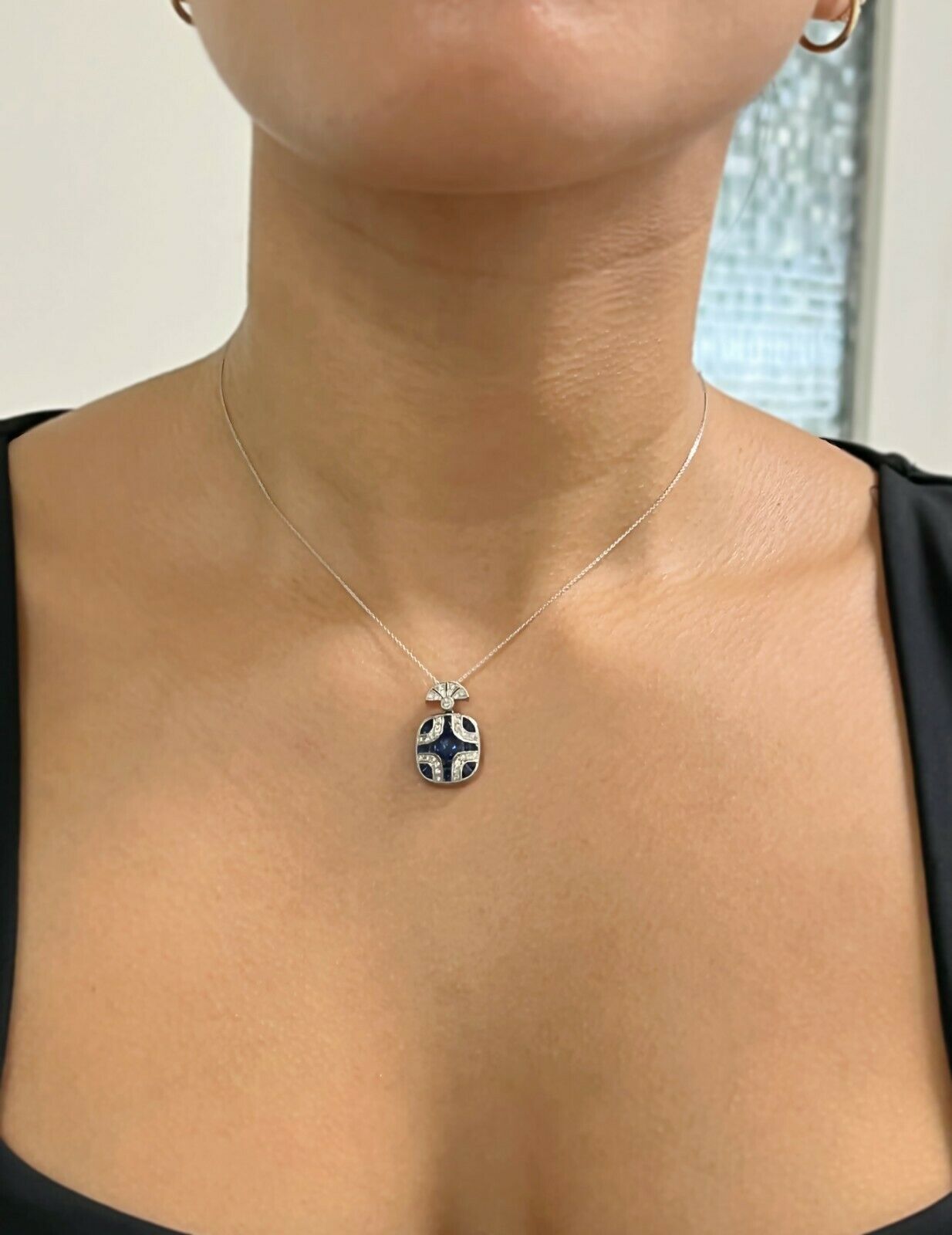 Blue Sapphire Diamond Platinum Pendant Necklace Art Deco Handmade Natural 2.16CT