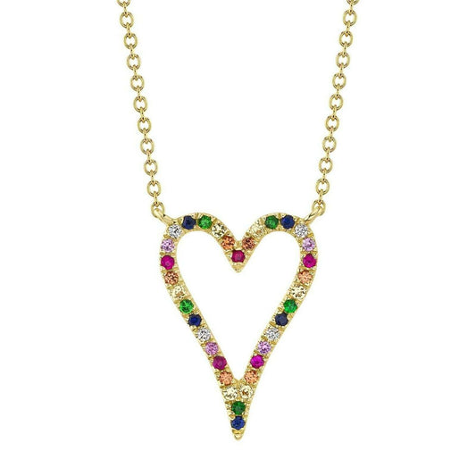 Multi Color Gemstone Diamond Rainbow Heart Necklace 14K Yellow Gold Pendant