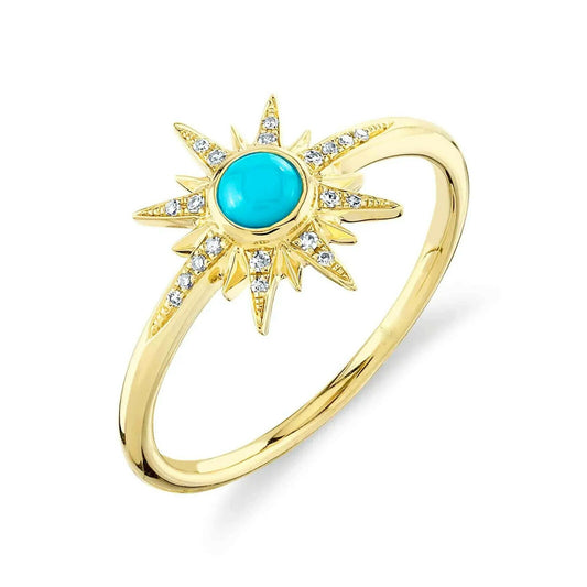 14K Gold 0.21 CT Diamond And Turquoise Star Ring Fashion Statement Cocktail