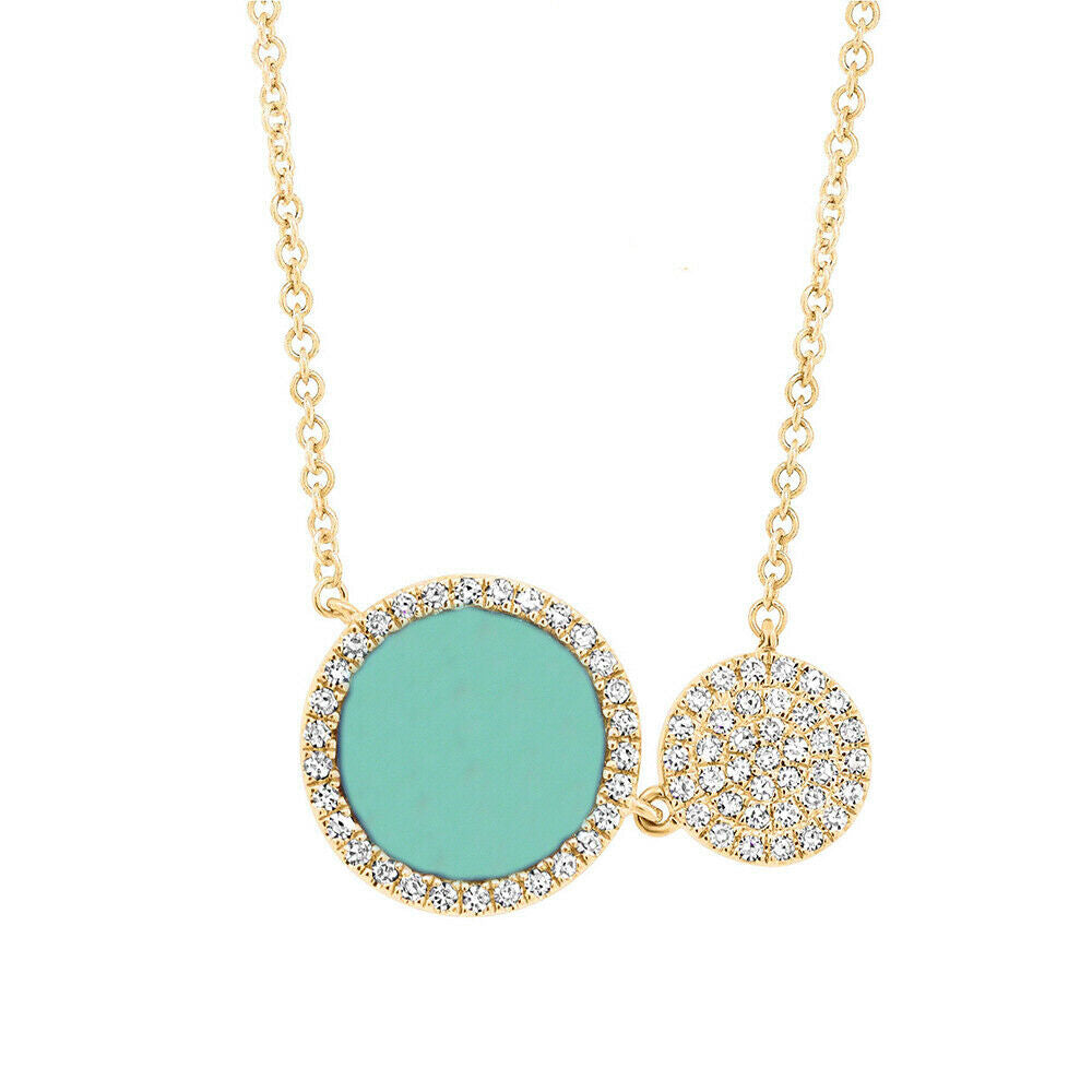 14K Gold 0.99 TCW Natural Diamond Turquoise Pendant Circle Disc Necklace